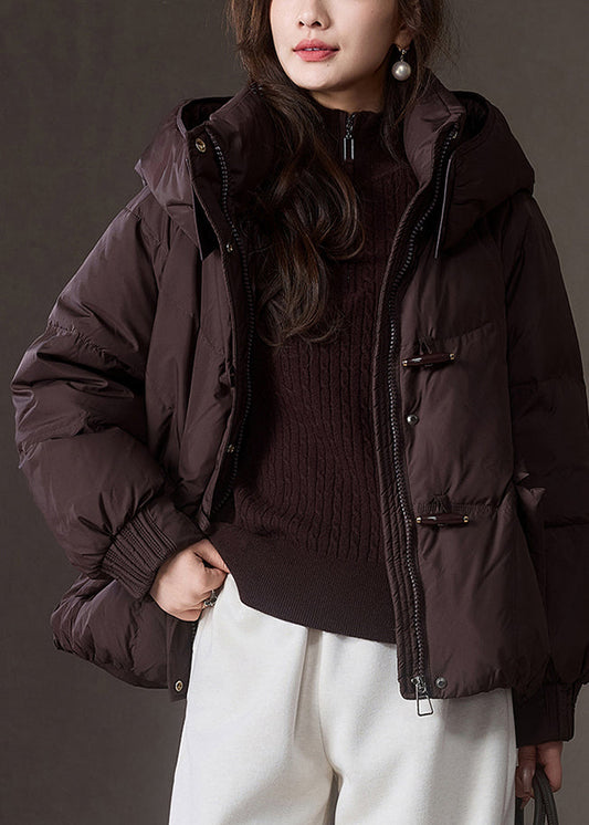 Plus Size Brown Zippered Pockets Patchwork Hooded Down Coat Winter