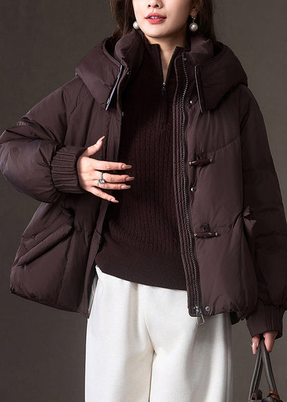 Brauner Daunenmantel mit Kapuze, Reißverschlusstaschen und Patchwork-Design in Übergröße für den Winter