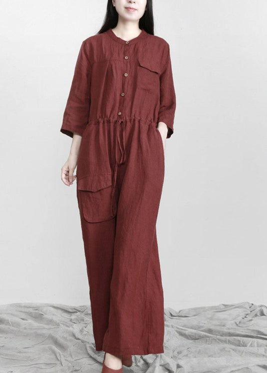 Plus Size Burgundy drawstring Half Sleeve Linen Body Suits Romper - SooLinen