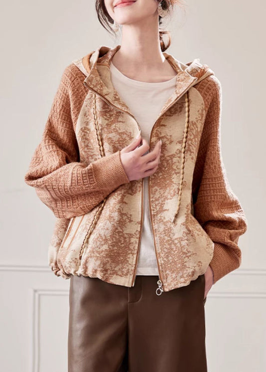 Plus Size Caramel Hooded Drawstring Knit Patchwork Coat Spring