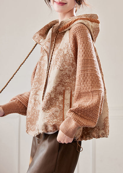 Plus Size Caramel Hooded Drawstring Knit Patchwork Coat Spring
