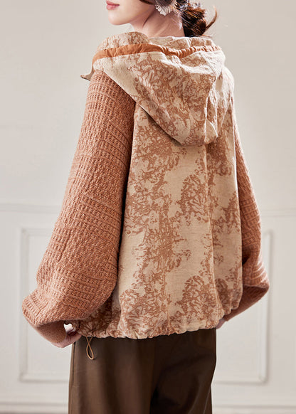 Plus Size Caramel Hooded Drawstring Knit Patchwork Coat Spring