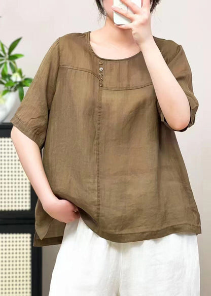 Plus Size Caramel O Neck Patchwork Linen T Shirts Summer