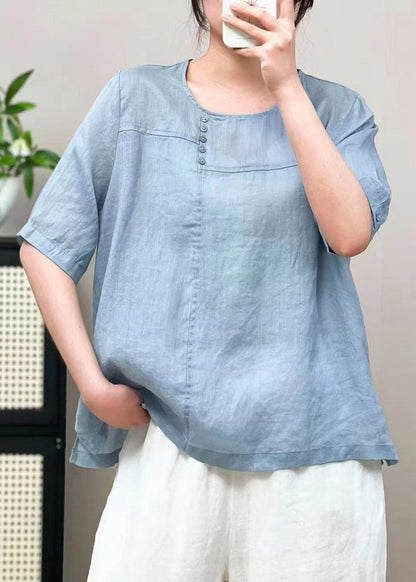 Plus Size Caramel O Neck Patchwork Linen T Shirts Summer