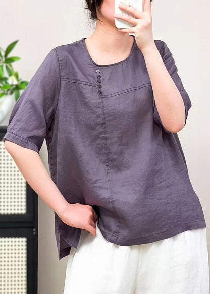 Plus Size Caramel O Neck Patchwork Linen T Shirts Summer