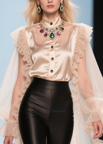 Plus Size Champagne Ruffled Patchwork Exra Large Hem Silk Blouses Summer