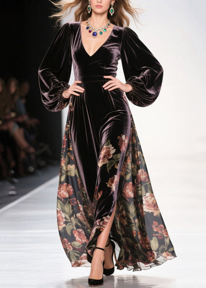 Vestido de terciopelo de seda con estampado de patchwork y dobladillo grande color chocolate, talla grande, primavera