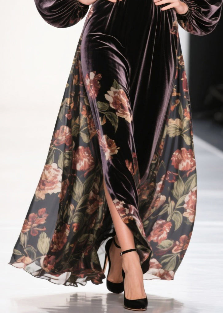 Vestido de terciopelo de seda con estampado de patchwork y dobladillo grande color chocolate, talla grande, primavera