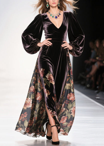 Vestido de terciopelo de seda con estampado de patchwork y dobladillo grande color chocolate, talla grande, primavera