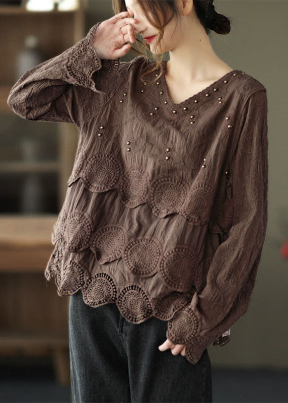 Plus Size Chocolate Casual Embroideried Hollow Out Herbst Langarm-Shirt Tops