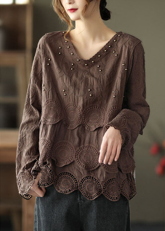 Plus Size Chocolate Casual Embroideried Hollow Out Herbst Langarm-Shirt Tops