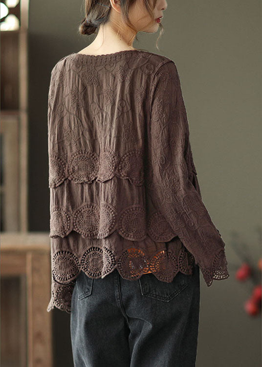 Plus Size Chocolate Casual Embroideried Hollow Out Herbst Langarm-Shirt Tops