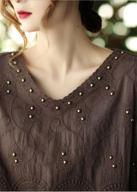 Plus Size Chocolate Casual Embroideried Hollow Out Herbst Langarm-Shirt Tops