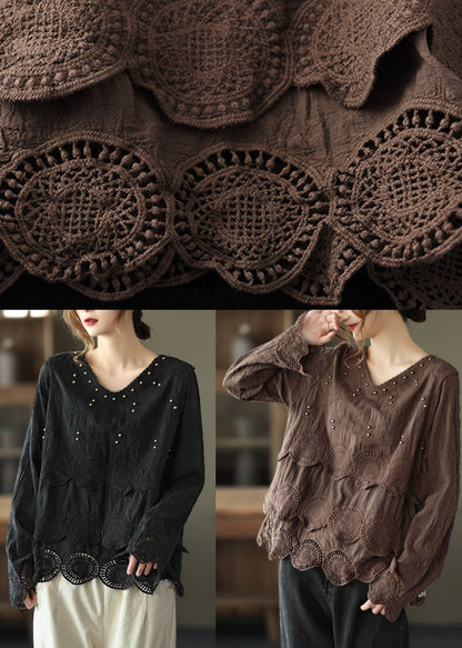 Plus Size Chocolate Casual Embroideried Hollow Out Herbst Langarm-Shirt Tops