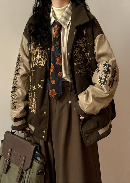 Plus Size Coffee Embroidered Faux Leather Patchwork Cotton Filled Parkas Winter