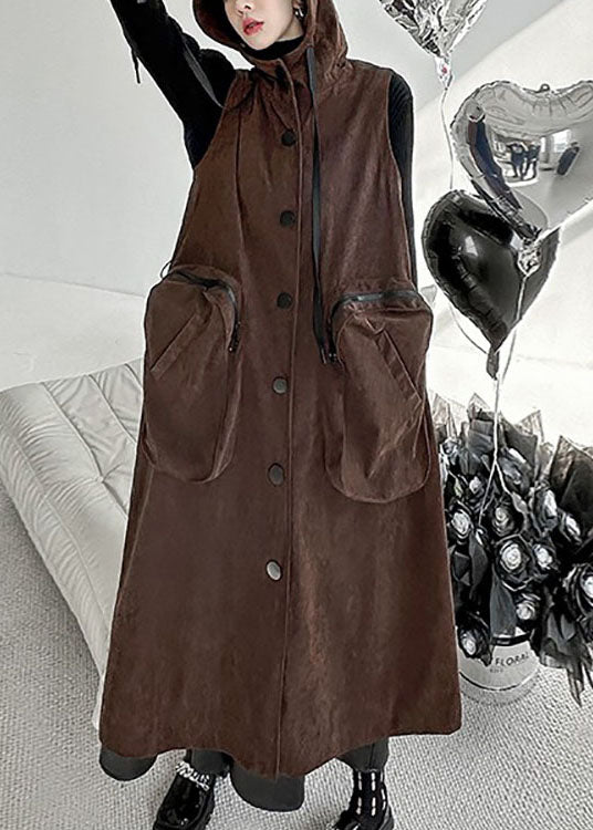 Plus Size Chocolate Hooded Big Pockets Cotton Long Vest Spring