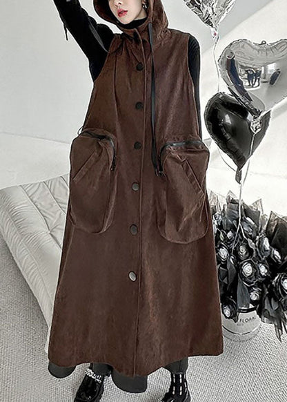 Plus Size Chocolate Hooded Big Pockets Cotton Long Vest Spring