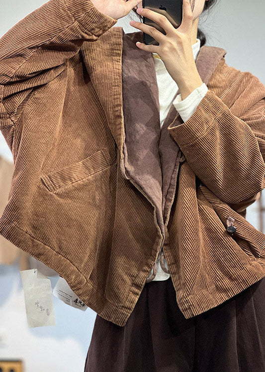 Plus Size Schokoladenbrauner Cordmantel mit Kapuze und übergroßen Taschen