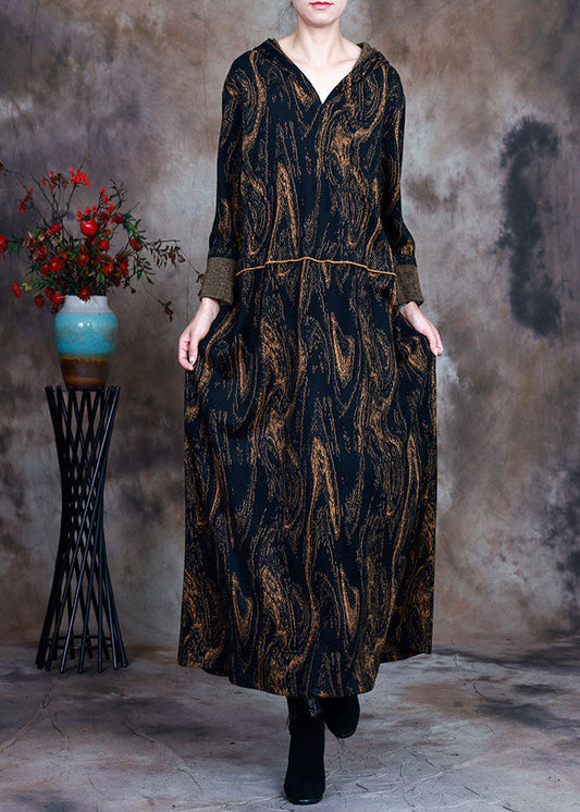 Plus Size Schokoladenbraunes Partykleid aus Wolle mit Kapuze und Print