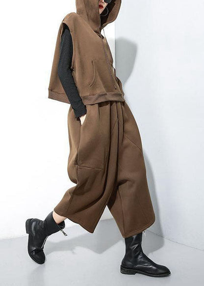 Plus Size Schokoladenbraunes, warmes Fleece-Zweiteiler-Set mit Kapuze und ärmelloser Weste