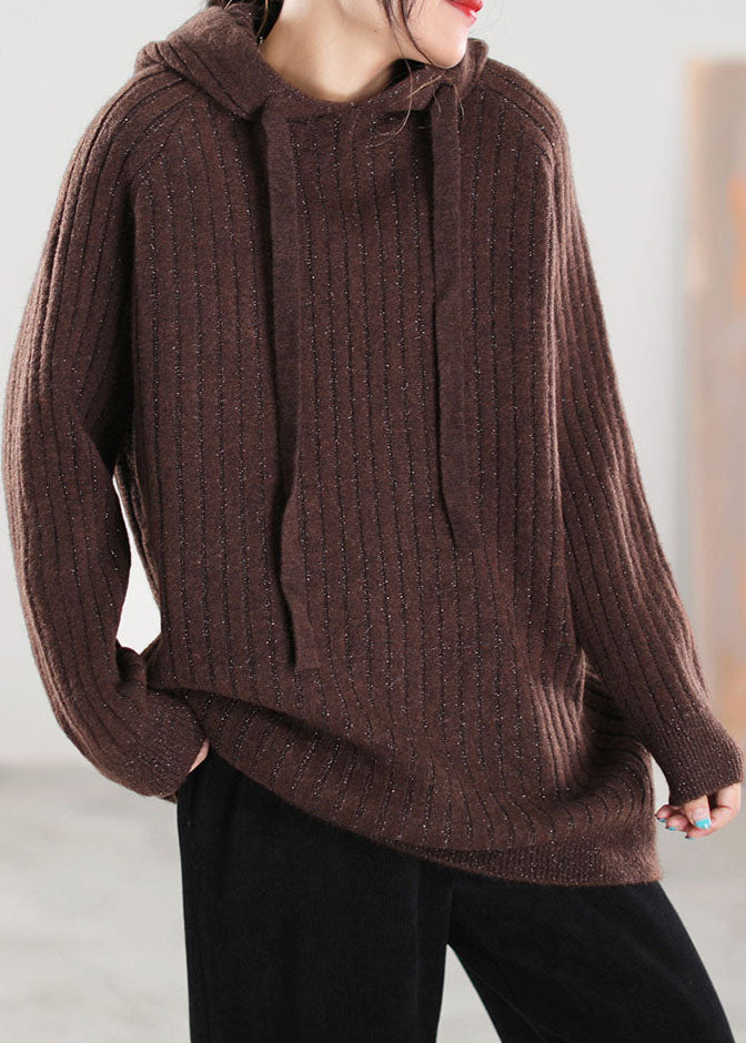 Plus Size Schokolade Kapuzen Kordelzug Strick Tops Frühling