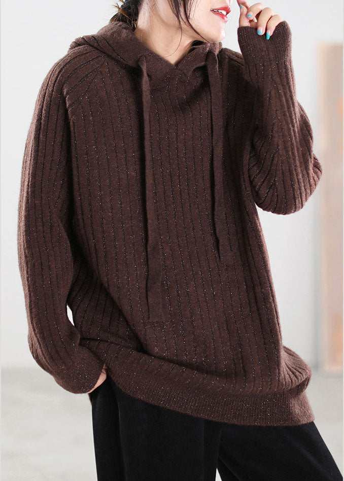 Plus Size Schokolade Kapuzen Kordelzug Strick Tops Frühling