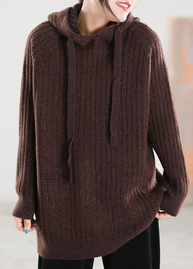 Plus Size Schokolade Kapuzen Kordelzug Strick Tops Frühling