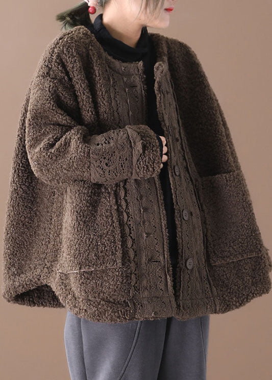 Plus Größe Schokolade O-Ausschnitt Taschen Casual Herbst Winter Dicke Mäntel Lange Ärmel