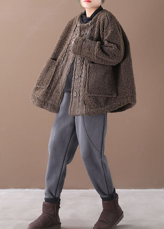 Plus Größe Schokolade O-Ausschnitt Taschen Casual Herbst Winter Dicke Mäntel Lange Ärmel