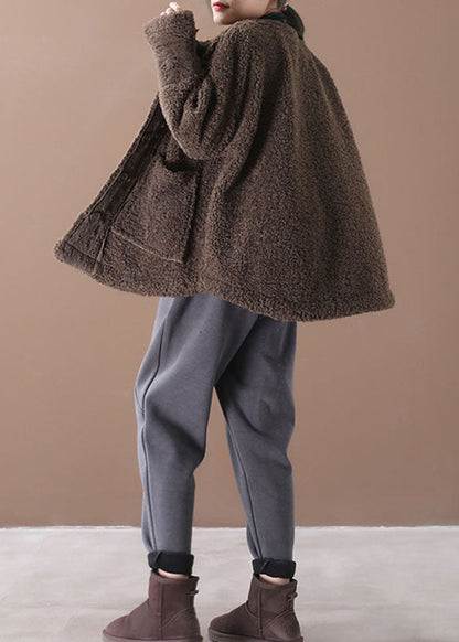 Plus Größe Schokolade O-Ausschnitt Taschen Casual Herbst Winter Dicke Mäntel Lange Ärmel