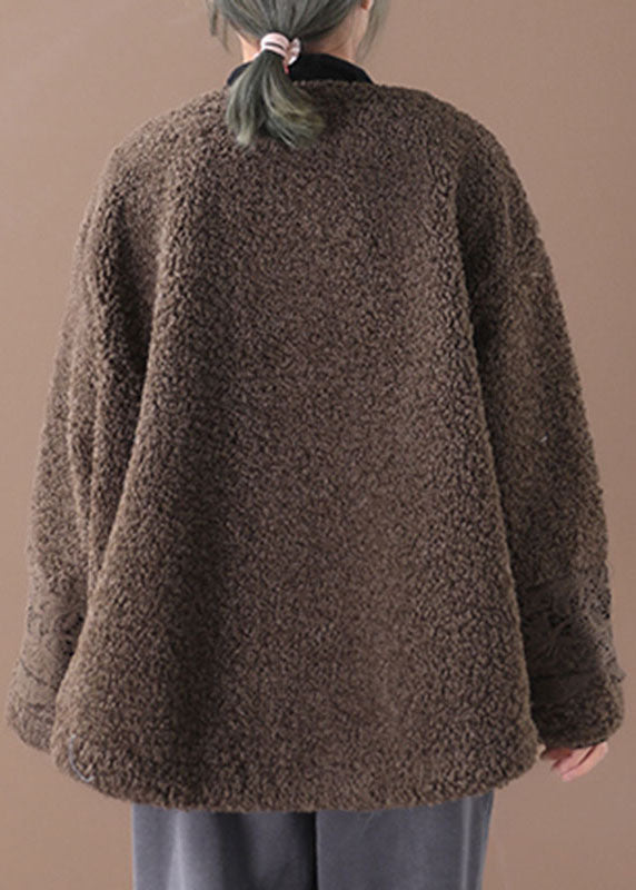 Plus Größe Schokolade O-Ausschnitt Taschen Casual Herbst Winter Dicke Mäntel Lange Ärmel