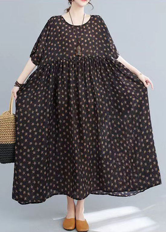 Vestidos largos de verano de algodón con cuello redondo, estampado de patchwork arrugado y color café de talla grande