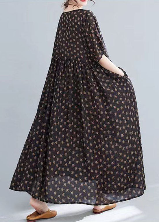 Vestidos largos de verano de algodón con cuello redondo, estampado de patchwork arrugado y color café de talla grande