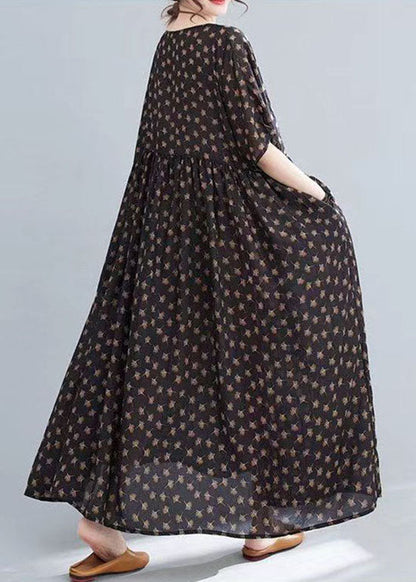 Vestidos largos de verano de algodón con cuello redondo, estampado de patchwork arrugado y color café de talla grande