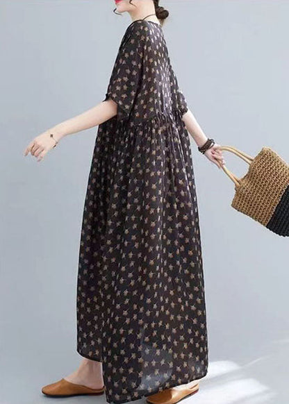 Vestidos largos de verano de algodón con cuello redondo, estampado de patchwork arrugado y color café de talla grande