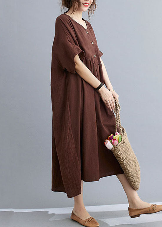 Vestidos largos de algodón con cuello redondo y mangas cortas, de talla grande, color café