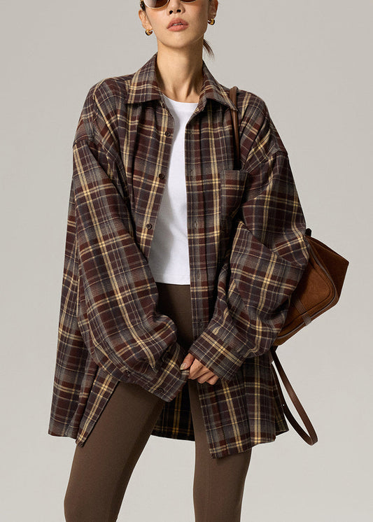 Plus Size Coffee Plaid Peter Pan Collar Plaid Button Shirts Fall