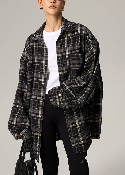 Plus Size Coffee Plaid Peter Pan Collar Plaid Button Shirts Fall