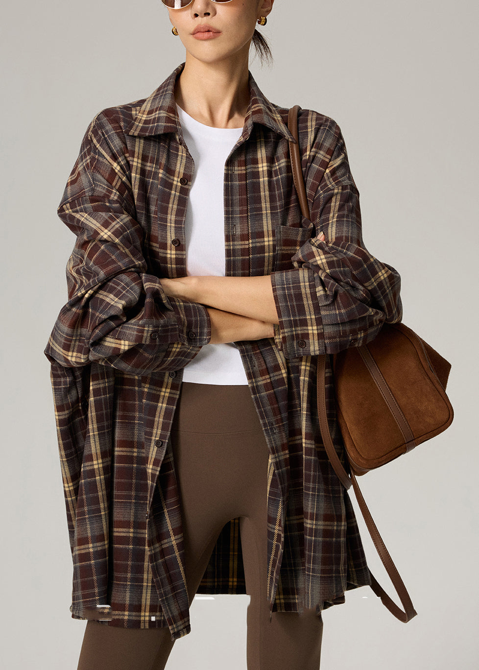 Plus Size Coffee Plaid Peter Pan Collar Plaid Button Shirts Fall