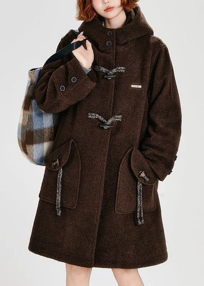 Plus Size Coffee Pockets Button Woolen Hoodie Coat Winter