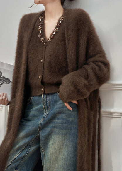 Zweiteiliges Set von Ma Hai Mao in Übergröße mit Pailletten, Taschen und Strickjacke in Kaffeebraun