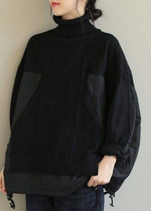 Plus Size Schokoladenbrauner Rollkragen-Patchwork-Strickpullover für den Winter