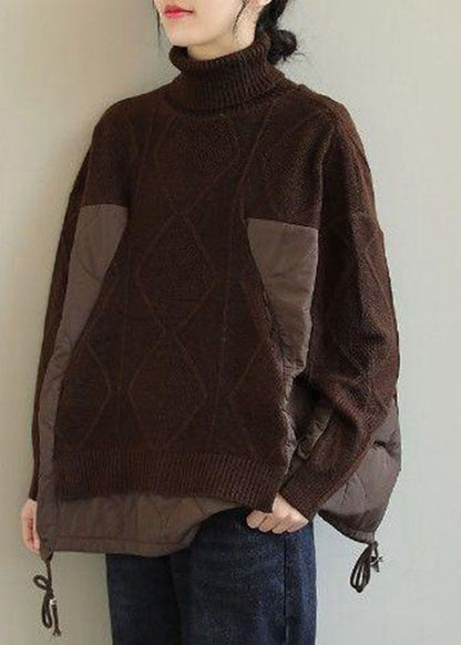 Plus Size Schokoladenbrauner Rollkragen-Patchwork-Strickpullover für den Winter