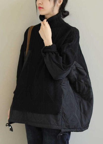 Plus Size Schokoladenbrauner Rollkragen-Patchwork-Strickpullover für den Winter