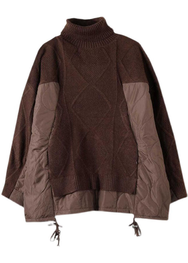 Plus Size Schokoladenbrauner Rollkragen-Patchwork-Strickpullover für den Winter