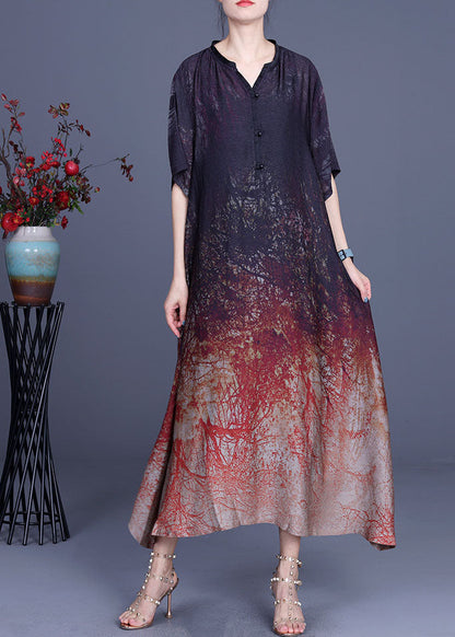 Plus Size Schokoladenbraunes V-Ausschnitt-Kleid mit asymmetrischem Design und Print im Herbst mit halben Ärmeln