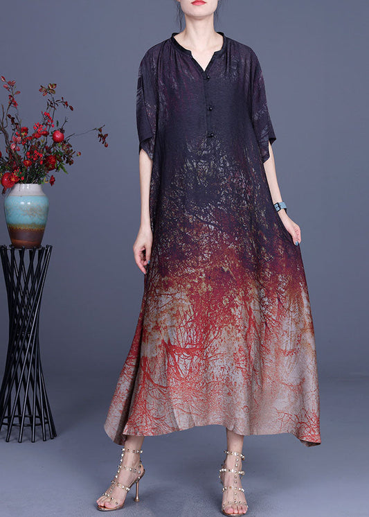 Plus Size Schokoladenbraunes V-Ausschnitt-Kleid mit asymmetrischem Design und Print im Herbst mit halben Ärmeln
