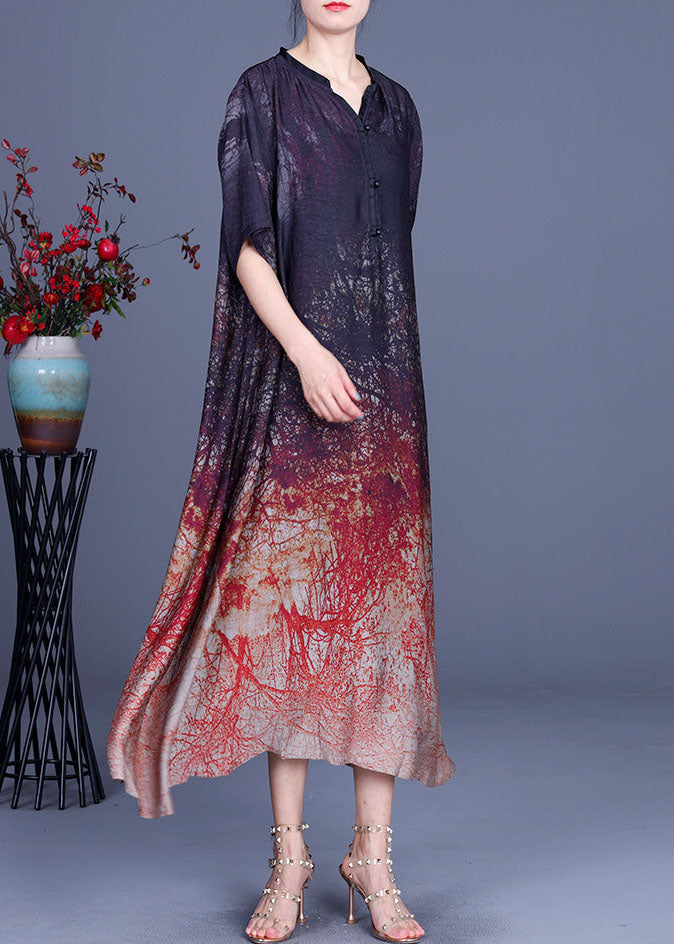 Plus Size Schokoladenbraunes V-Ausschnitt-Kleid mit asymmetrischem Design und Print im Herbst mit halben Ärmeln