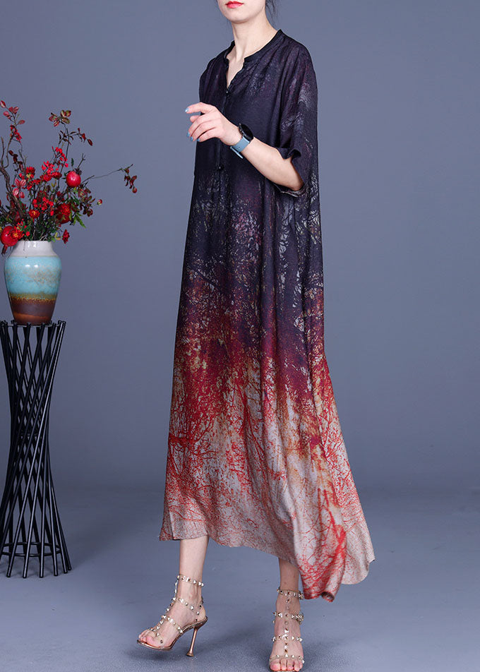 Plus Size Schokoladenbraunes V-Ausschnitt-Kleid mit asymmetrischem Design und Print im Herbst mit halben Ärmeln