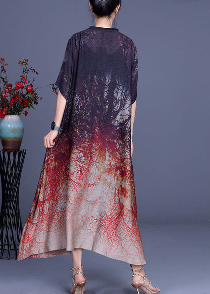 Plus Size Schokoladenbraunes V-Ausschnitt-Kleid mit asymmetrischem Design und Print im Herbst mit halben Ärmeln